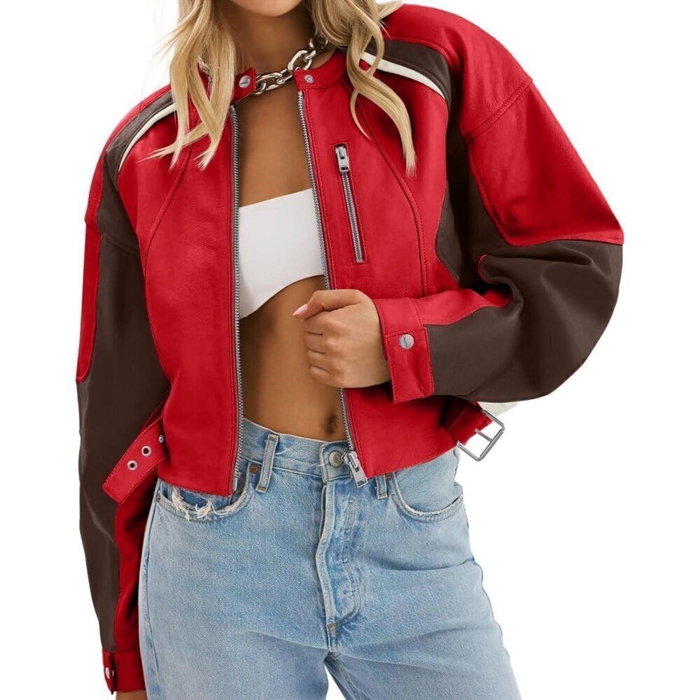 🆕Womens Red Tankaneo Leather Bomber Jacket Cropped Color Block Fall Casual
